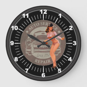 Vintage Auto Service Repair Pin-Up Large Clock