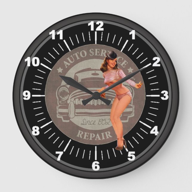 Vintage Auto Service Repair Pin-Up Large Clock (Front)