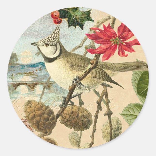 Vintage autocollant de Noël avec oiseau et fleur r (Devant)