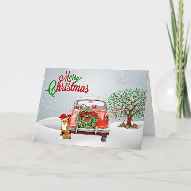Vintage Automobile and Fox Christmas Card (Front)
