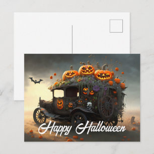 Vintage Automobile and Pumpkins Halloween  Postcard