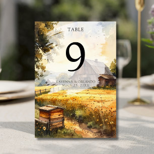 Vintage Autumn Barn Meadow Watercolor Wedding Table Number