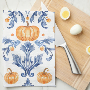 Vintage Autumn Blue White Orange Pumpkins Kitchen Towel