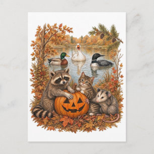 Vintage Autumn Cat Raccoon Mallard Duck Common Loo Postcard