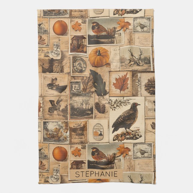 Vintage Autumn Collage Pattern | Rustic Ephemera Kitchen Towel (Vertical)
