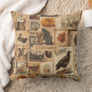 Vintage Autumn Collage Pattern   Rustic Ephemera Throw Pillow