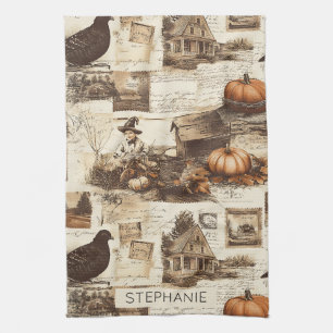 Vintage Autumn Collage Rustic Sepia Ephemera Kitchen Towel