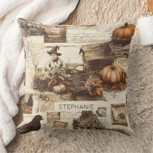 Vintage Autumn Collage   Rustic Sepia Ephemera Throw Pillow