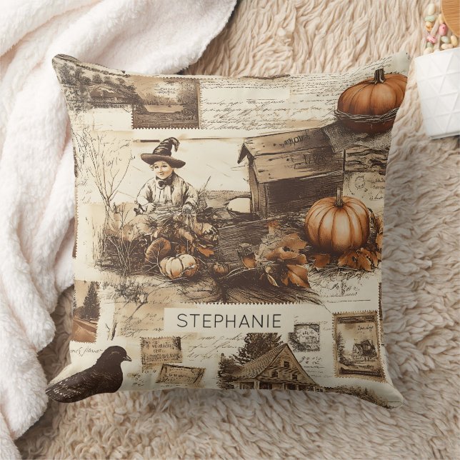 Vintage Autumn Collage | Rustic Sepia Ephemera Throw Pillow (Blanket)