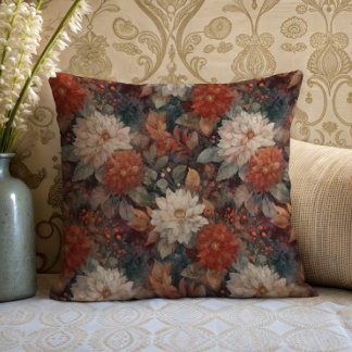 Vintage Autumn Dahlia Floral Pattern Cushion