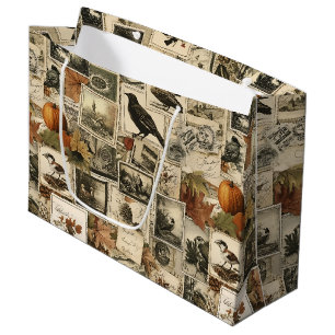 Vintage Autumn Ephemera Collage   Rustic Birds (2) Large Gift Bag