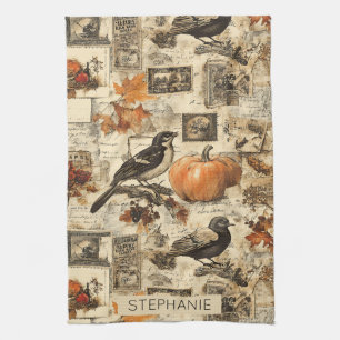Vintage Autumn Ephemera Collage   Rustic Birds Kitchen Towel