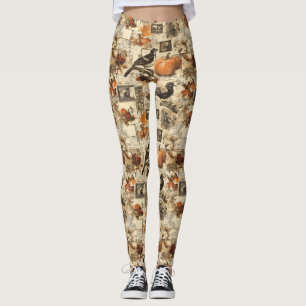 Vintage Autumn Ephemera Collage   Rustic Birds Leggings