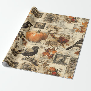 Vintage Autumn Ephemera Collage   Rustic Birds Wrapping Paper