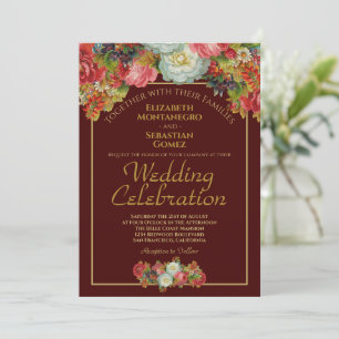 Vintage Autumn Floral Auburn Brown & Gold Wedding Invitation