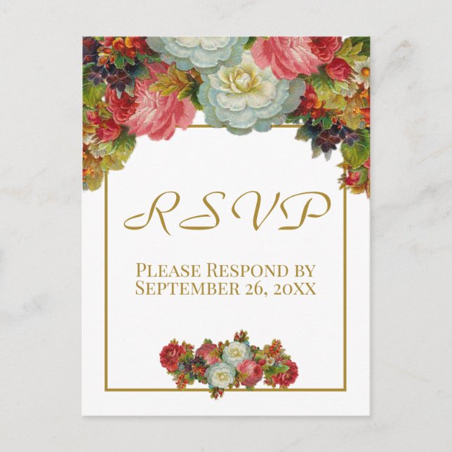 Vintage Autumn Floral Gold Wedding RSVP Postcard (Front)