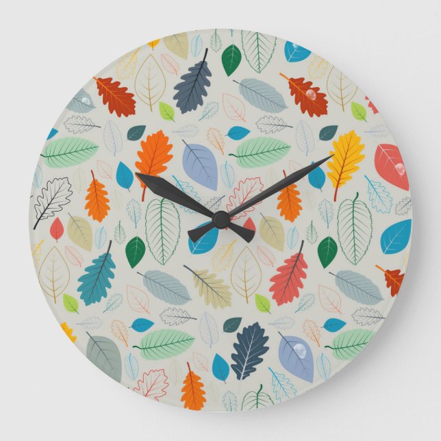 Vintage Autumn Leaves Illustration Pattern Large Clock (Front)