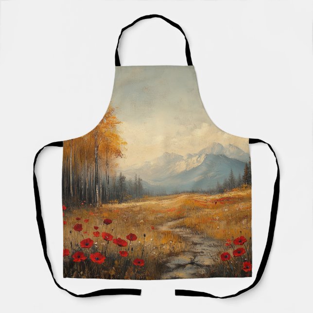 Vintage Autumn Meadow Painting Poppies Apron (Front)