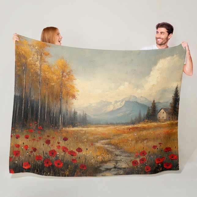 Vintage Autumn Meadow Painting Poppies Fleece Blanket (In Situ)