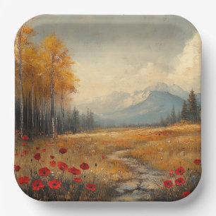 Vintage Autumn Meadow Painting Poppies Paper Plate