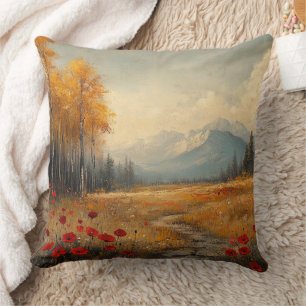 Vintage Autumn Meadow Painting Poppies Throw Pillow