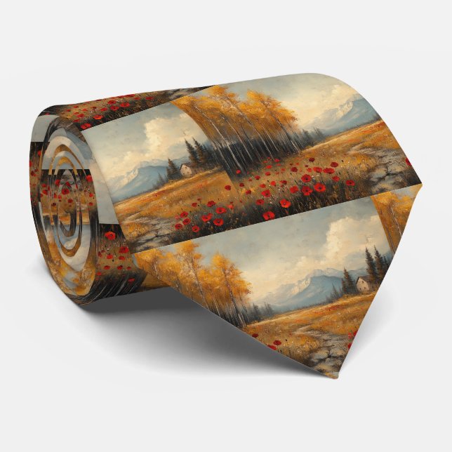 Vintage Autumn Meadow Painting Poppies Tie (Rolled)