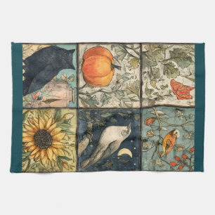 Vintage autumn patchwork look pumpkin owl flower kitchen towel