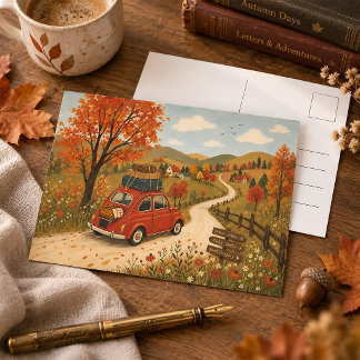 Vintage Autumn Road Trip Countryside Illustration Postcard