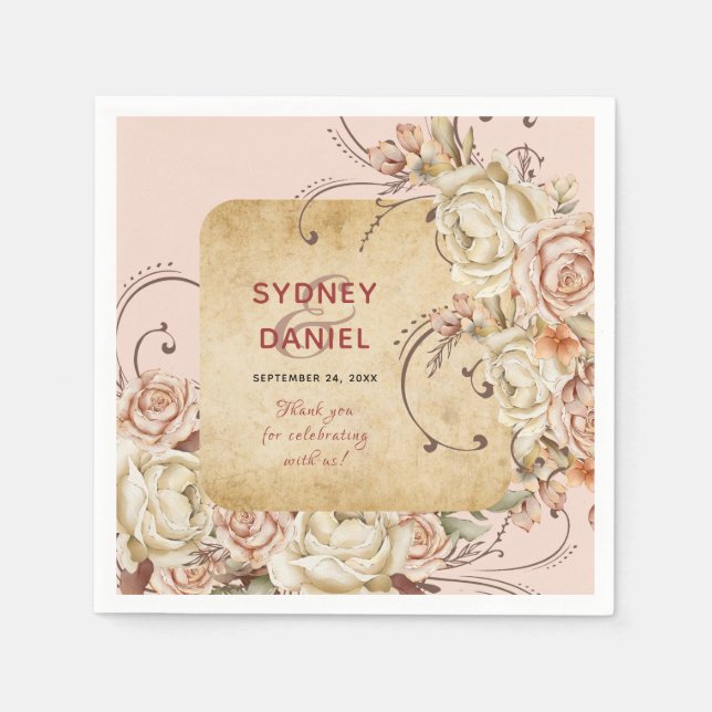 Vintage Autumn Rose Wedding Paper Napkin (Front)
