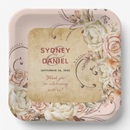 Vintage Autumn Rose Wedding Paper Plate