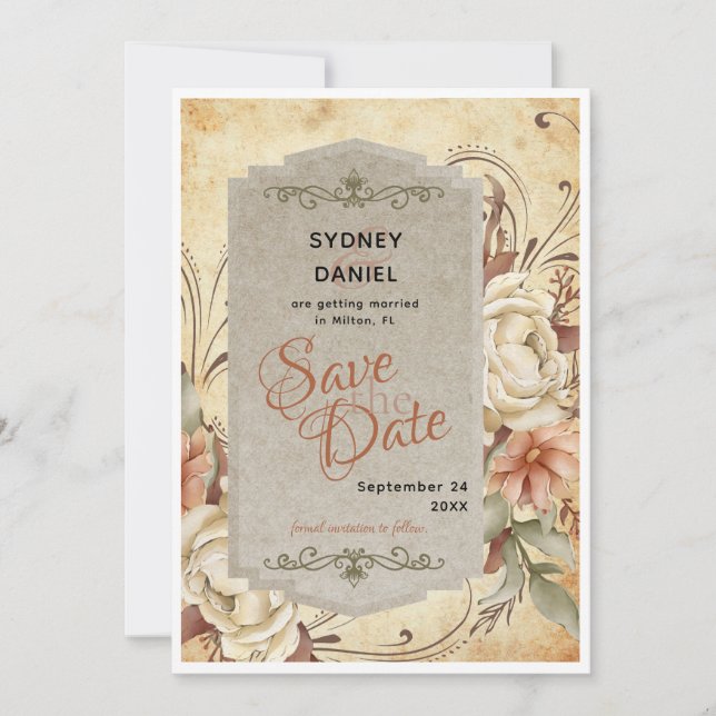 Vintage Autumn Rose Wedding Save the Date Card (Front)