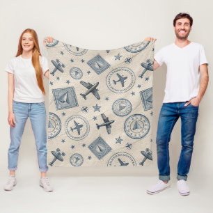 Vintage Aviation Passport Stamp Pattern (1) Fleece Blanket