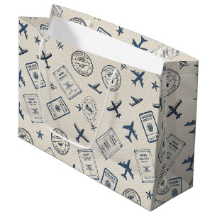 Vintage Aviation Passport Stamp Pattern (2) Large Gift Bag