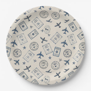 Vintage Aviation Passport Stamp Pattern (2) Paper Plate