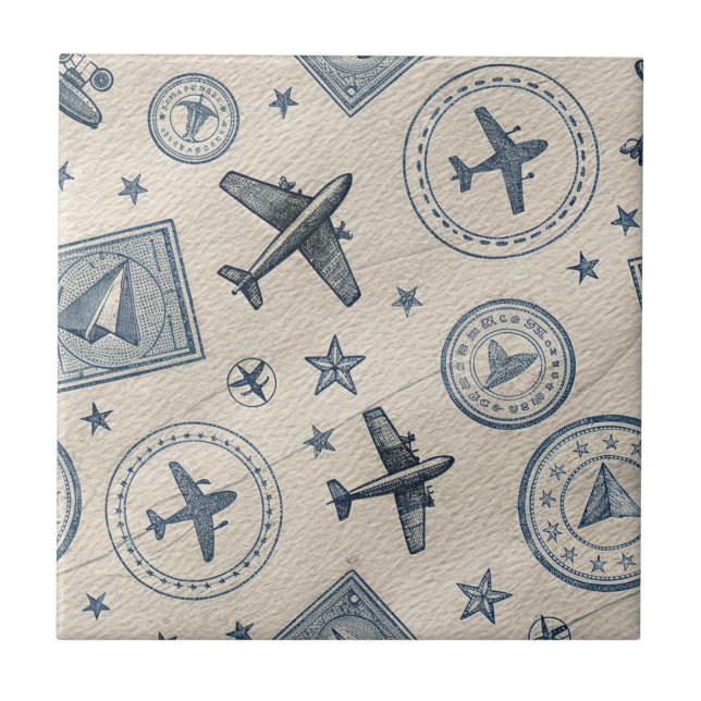 Vintage Aviation Passport Stamp Pattern Tile (Front)