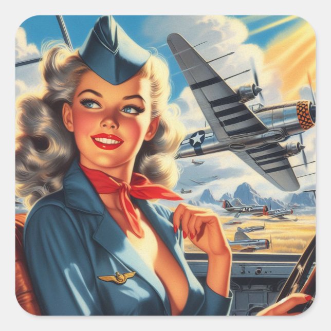 Vintage Aviation Pin Up Square Sticker (Front)