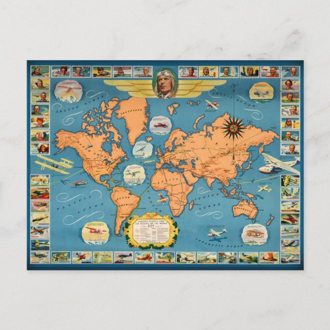 Vintage Aviation World Map Postcard (Front)