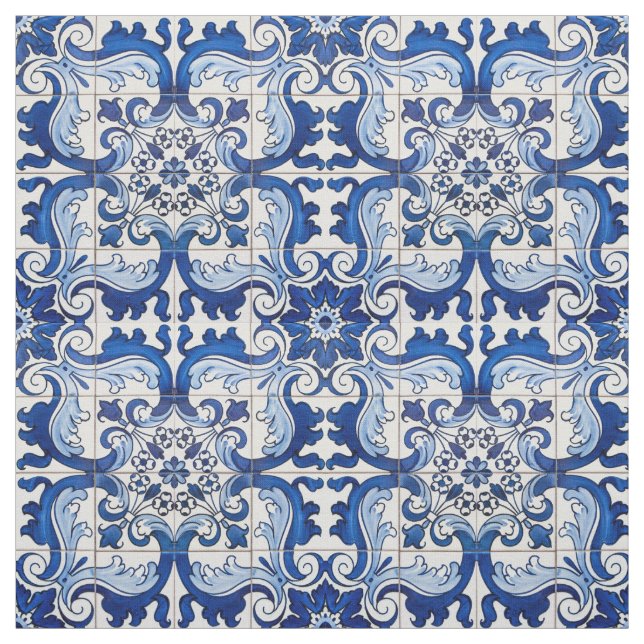 Vintage Azulejo Tile Floral Pattern Fabric (Swatch)