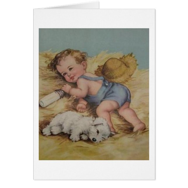 Vintage Baby And Puppy In Haystack Card (Front)