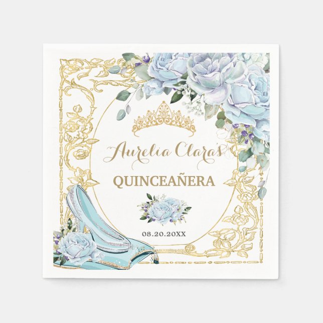 Vintage Baby Blue Roses Cinderella Quinceanera Napkin (Front)
