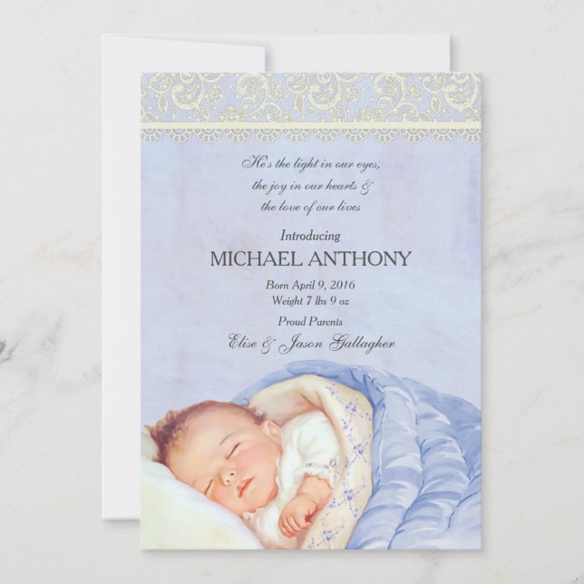 Vintage Baby Boy Announcement Blue & Ivory Lace (Front)