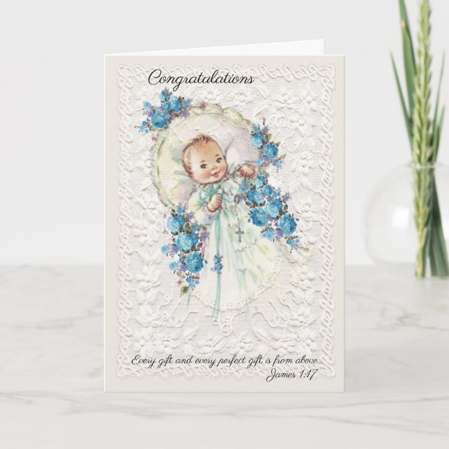 Vintage Baby Boy with Rosary Blue Flowers Card (Front)