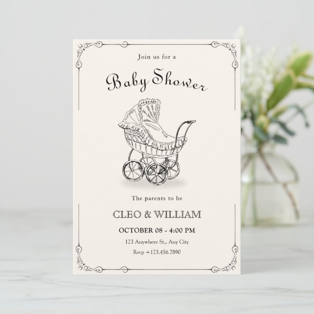 Vintage baby carriage baby shower invitation (Standing Front)
