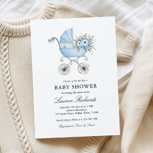 Vintage Baby Carriage Blue Floral Boy Baby Shower Invitation