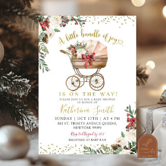 Vintage Baby Carriage Floral Christmas Baby Shower Invitation