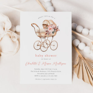 Vintage Baby Carriage Girls Couples Baby Shower Invitation