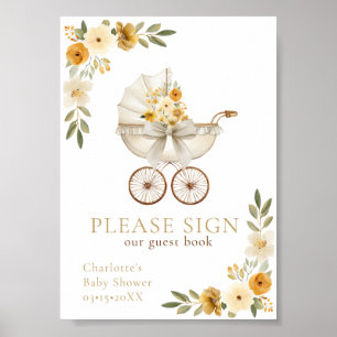 Vintage Baby Carriage Guest Book Sign Gold Theme