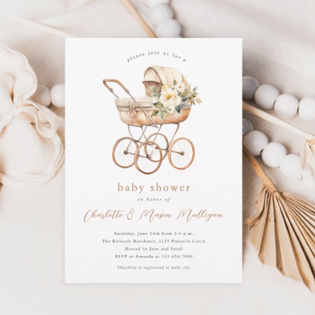 Vintage Baby Carriage Neutral Couples Baby Shower Invitation (Vintage baby carriage gender neutral floral boho couples baby shower invitations.)