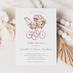 Vintage Baby Carriage Pink Couples Baby Shower Invitation