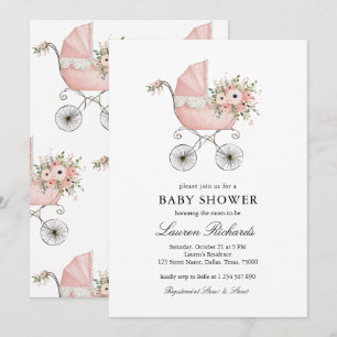 Vintage Baby Carriage Pink Floral Girl Baby Shower Invitation